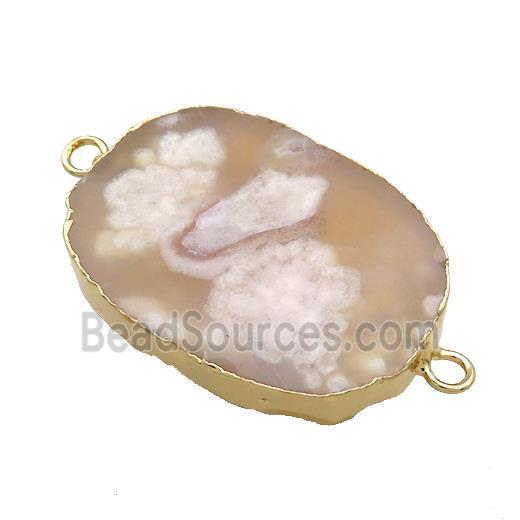 Cherry Agate Sakura Oval Connector Flat Gold Plated