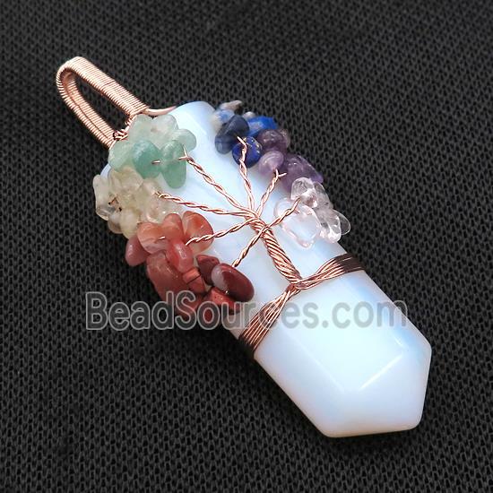 White Opalite Bullet Pendant With Chakra Gemstone Chips Tree Of Life Wire Wrapped Rose Gold