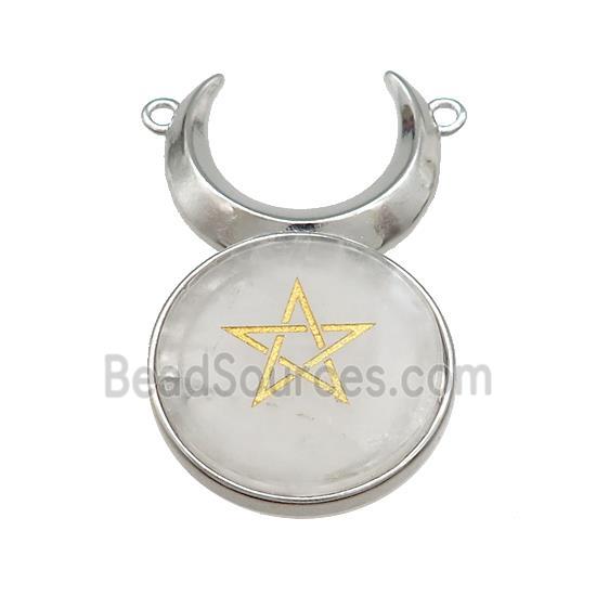 Clear Quartz Star Symbols Alloy Moon Pendant Platinum Plated