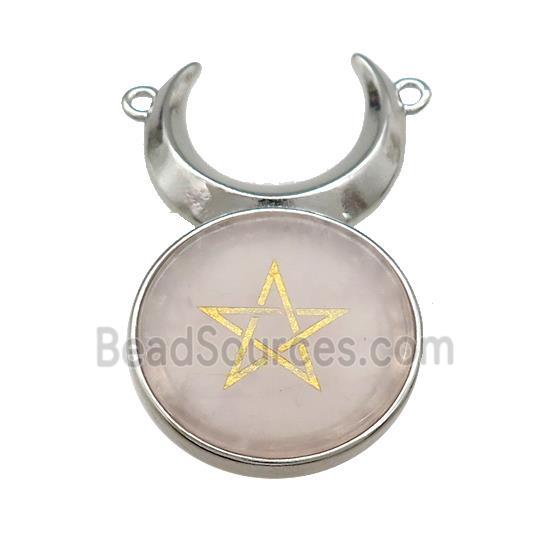 Pink Rose Quartz Coin Star Symbols Alloy Moon Pendant Platinum Plated