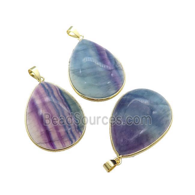 Natural Fluorite Teardrop Pendant Multicolor Gold Plated