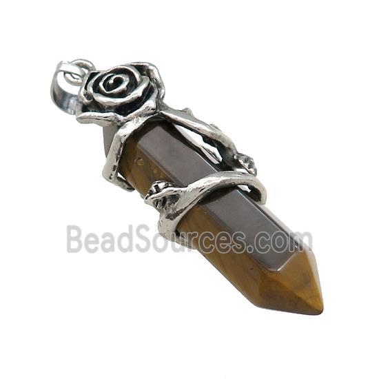 Natural Tiger Eye Stone Energy Prism Pendant Alloy Flower Wrapped