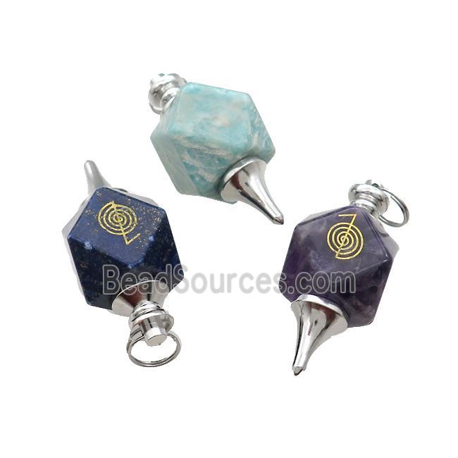 Natural Gemstone Dowsing Pendulum Polygon Alloy Platinum Plated Mixed