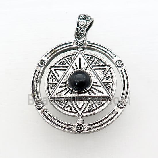 Zinc Alloy David Star Pendant Pave Black Obsidian Circle Antique Silver