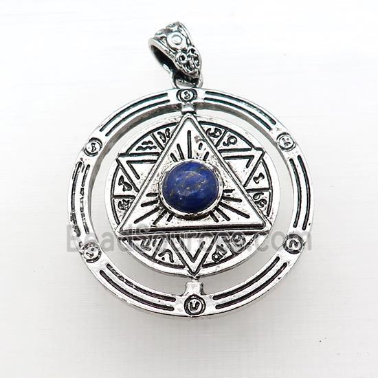 Zinc Alloy David Star Pendant Pave Lapis Lazuli Circle Antique Silver