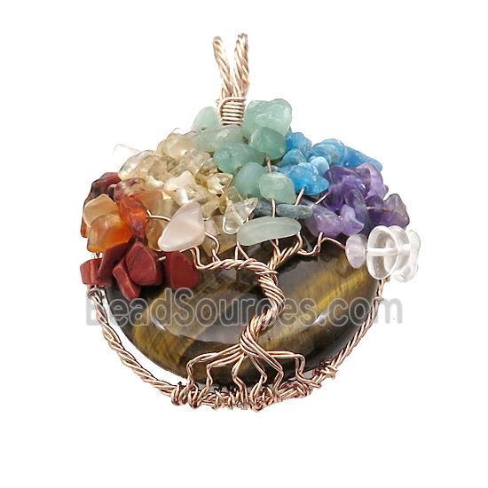 Natural Tiger Eye Stone Coin Pendant With Chakra Gemstone Tree Of Life Wire Wrapped Rose Gold