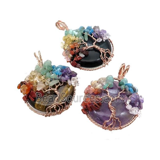 Natural Gemstone Coin Pendant With Chakra Gemstone Tree Of Life Wire Wrapped Rose Gold Mixed