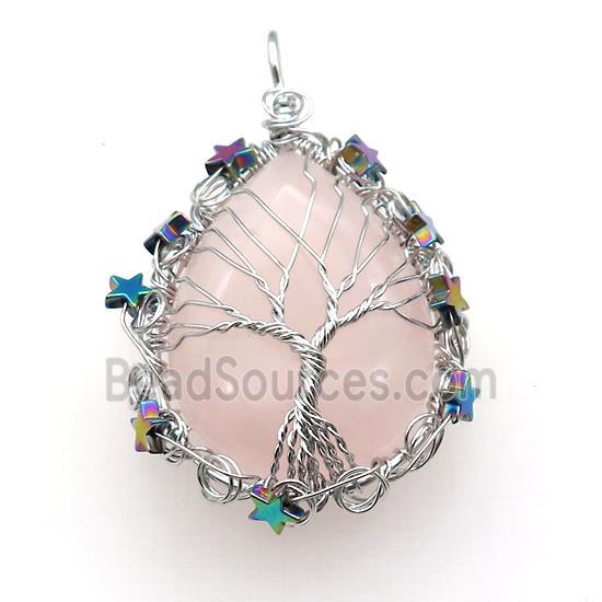 Natural Pink Rose Quartz Teardrop Pendant With Tree Of Life Wire Wrapped Platinum Plated