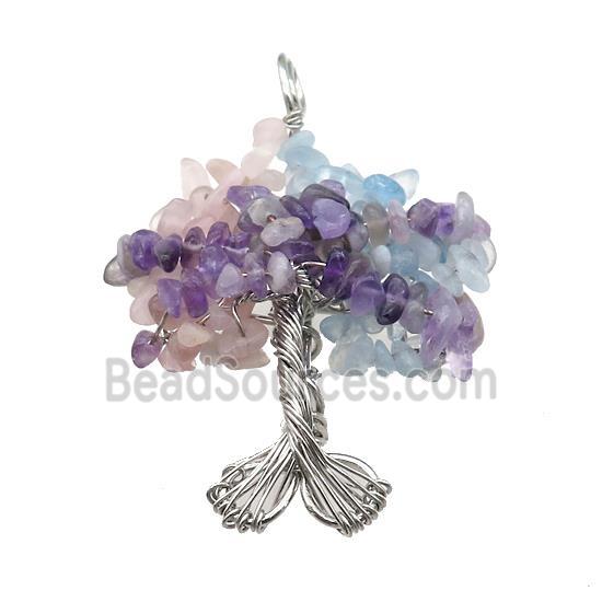 Natural Gemstone Chakra Pendant Tree Of Life Copper Wire Wrapped Platinum Plated