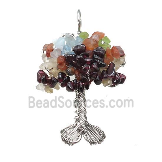 Natural Gemstone Chakra Pendant Tree Of Life Copper Wire Wrapped Platinum Plated