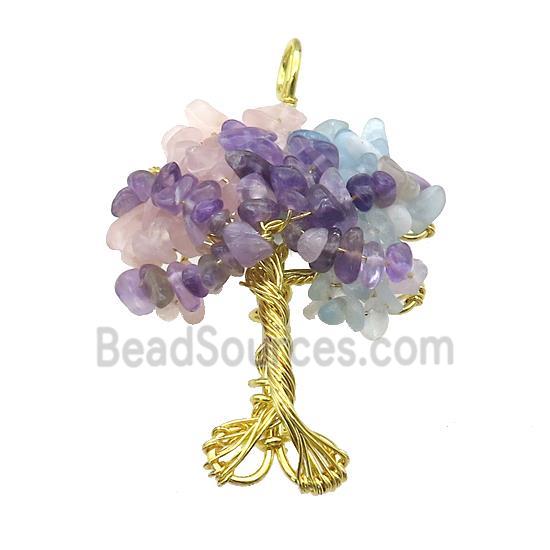 Natural Gemstone Chakra Pendant Tree Of Life Copper Wire Wrapped Gold Plated