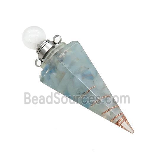 Natural Aquamarine Chips Perfume Bottle Pendant Resin Cone Platinum Plated