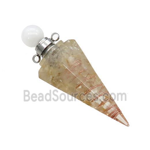 Golden Rutilated Quartz Chips Perfume Bottle Pendant Resin Cone Platinum Plated