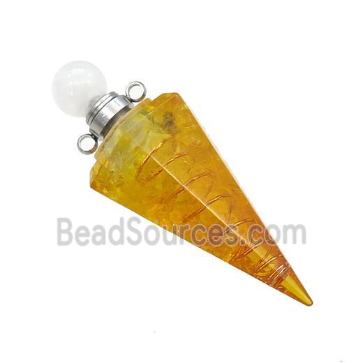 Yellow Citrine Chips Perfume Bottle Pendant Resin Cone Platinum Plated