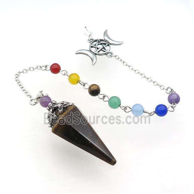 Natural Tiger Eye Stone Pendulum Pendant With Gemstone Chakra Chain Platinum Plated