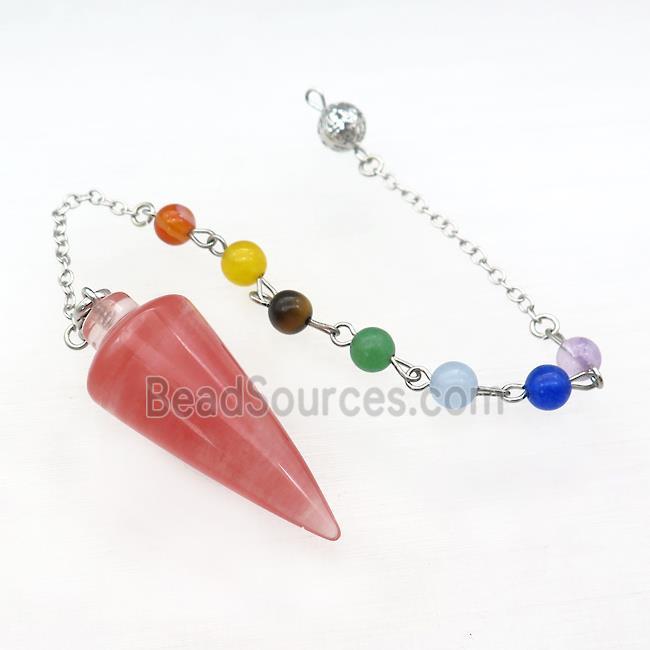 Red Synthetic Quartz Pendulum Pendant With Gemstone Chakra Chain Platinum Plated