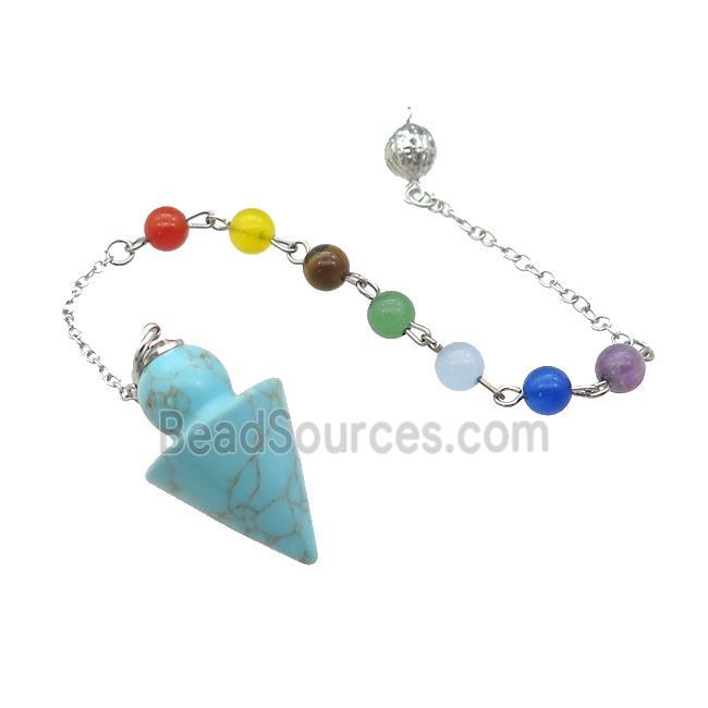 Blue Synthetic Turquoise Pendulum Pendant With Gemstone Chakra Chain Platinum Plated