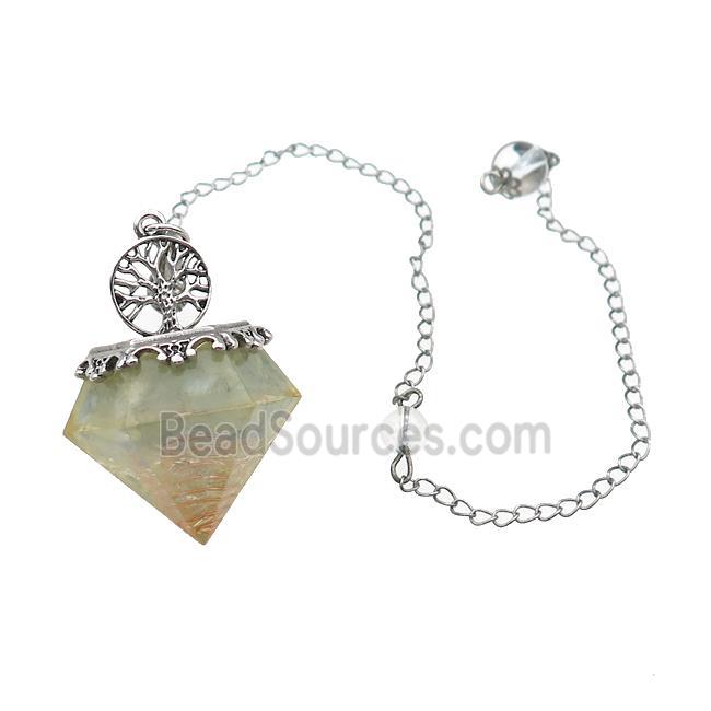 Aquamarine Chips Dowsing Diamond Shape Pendulum Pendant Tree Of Life Copper Chain Platinum Plated