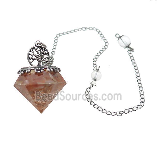 Red Carnelian Chips Dowsing Diamond Shape Pendulum Pendant Tree Of Life Copper Chain Platinum Plated