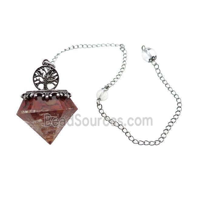 Red Jasper Chips Dowsing Diamond Shape Pendulum Pendant Tree Of Life Copper Chain Platinum Plated