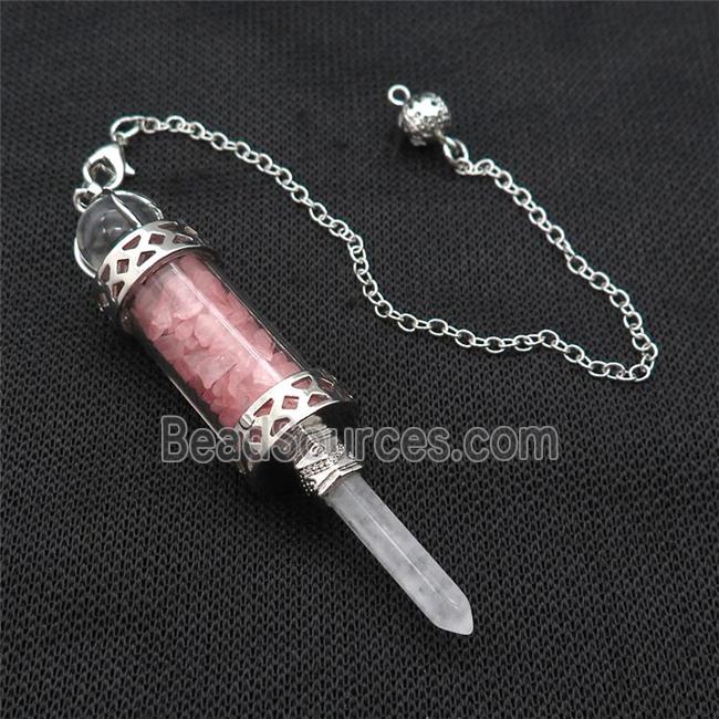 Pink Rose Quartz Chips Pendulum Pendant Crystal With Copper Chain Platinum Plated