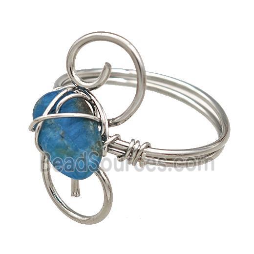 Copper Rings With Blue Apatite Wire Wrapped Platinum Plated