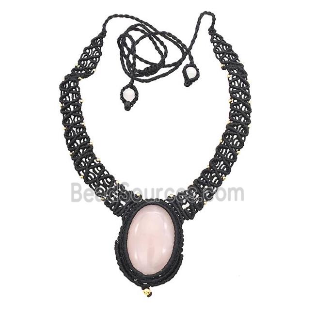 Natural Pink Rose Quartz Necklaces Adjustable Nylon Rope