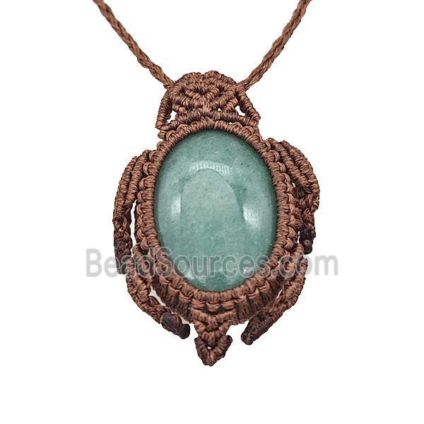 Natural Green Aventurine Necklace Tortoise Waxed Fabric Rose Brown