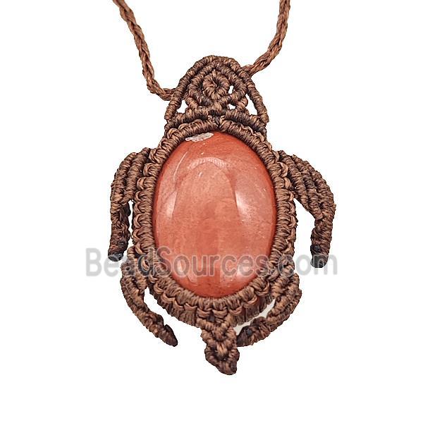 Natural Red Jasper Necklace Tortoise Waxed Fabric Rose Brown