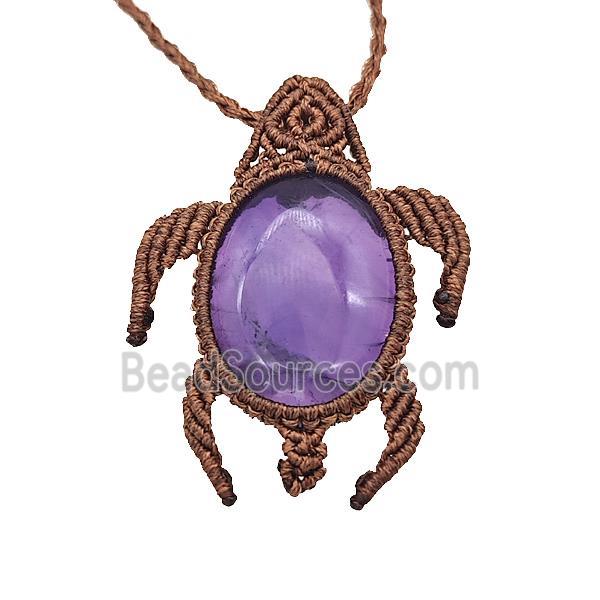 Natural Purple Amethyst Necklace Tortoise Waxed Fabric Rose Brown