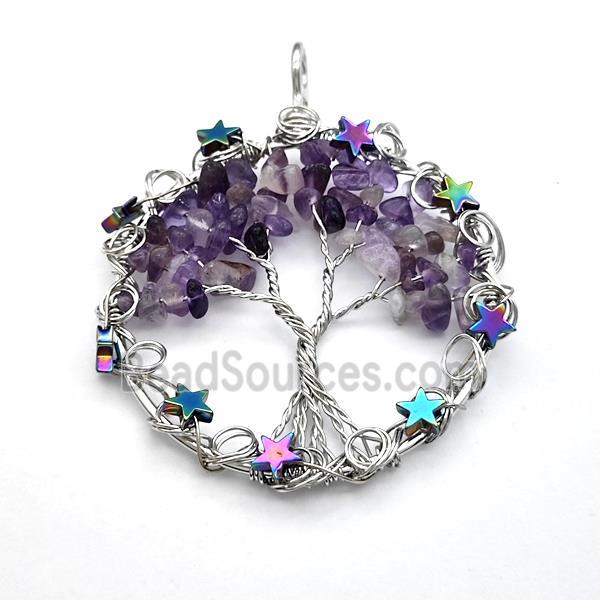 Purple Amethyst Chips Pendant Tree Of Life Copper Wire Wrapped Platinum Plated