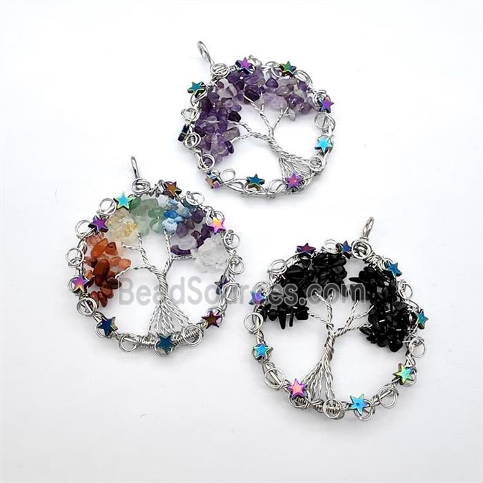 Gemstone Chips Pendant Tree Of Life Copper Wire Wrapped Platinum Plated Mixed