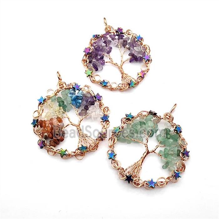 Gemstone Chips Pendant Tree Of Life Copper Wire Wrapped Rose Gold Mixed