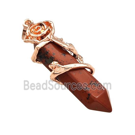 Natural Red Jasper Prism Pendant Cone Alloy Flower Wrapped Rose Gold