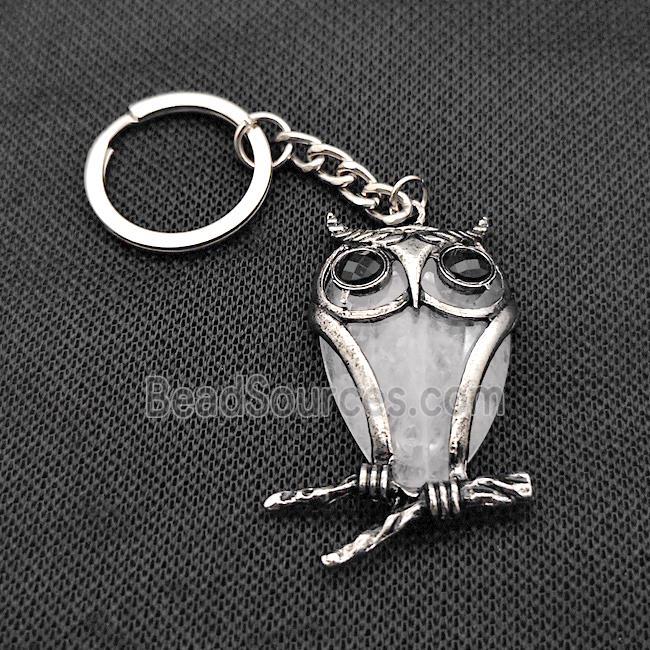 Owl Charms Keychain With Clear Quartz Alloy Platinum Plated