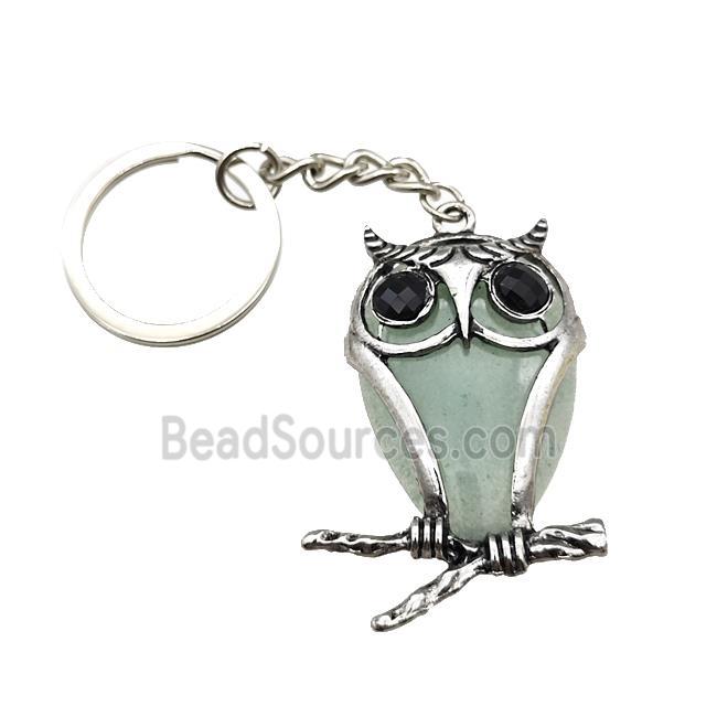 Owl Charms Keychain With Green Aventurine Alloy Platinum Plated