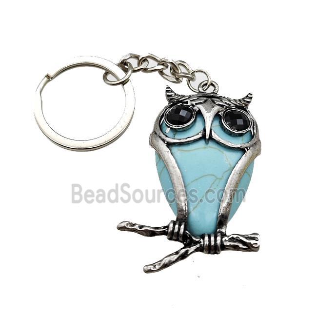 Owl Charms Keychain With Synthetic Turquoise Alloy Platinum Plated