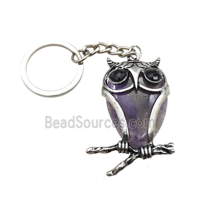 Owl Charms Keychain With Amethyst Alloy Platinum Plated