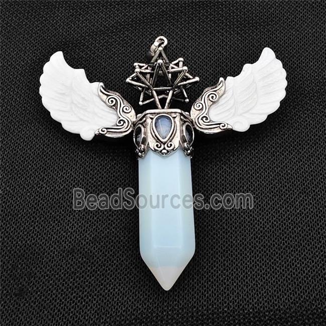 White Shell Angel Wings Pendant With White Opalite Prism Antique Silver