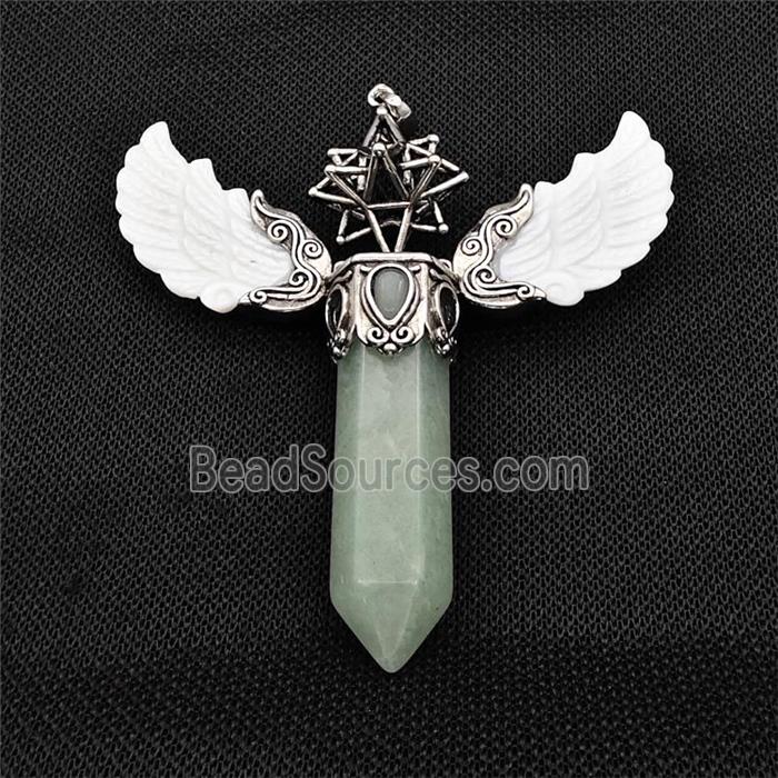 White Shell Angel Wings Pendant With Green Aventurine Prism Antique Silver