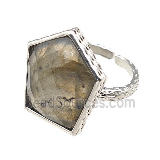 Labradorite Pentagon Rings Copper Shield Adjustable Platinum Plated