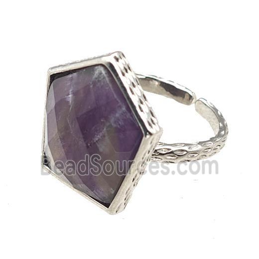 Purple Amethyst Pentagon Rings Copper Shield Adjustable Platinum Plated