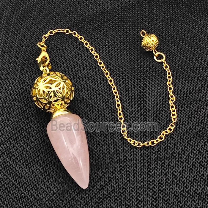 Natural Rose Quartz Dowsing Pendulum Pendant With Copper Hollow Ball Chain Gold Plated