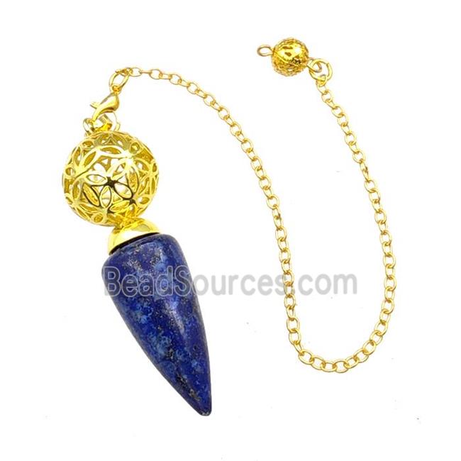 Natural Blue Lapis Lazuli Dowsing Pendulum Pendant With Copper Hollow Ball Chain Gold Plated