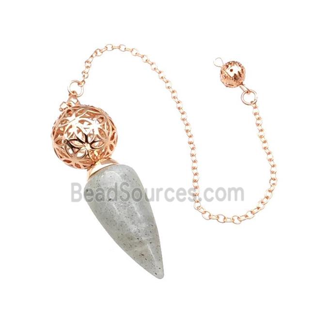 Natural Labradorite Dowsing Pendulum Pendant With Copper Hollow Ball Chain Rose Gold