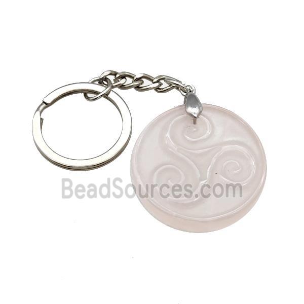 Pink Rose Quartz Triskelion Keychain Circle Alloy Platinum Plated