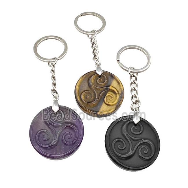 Natural Gemstone Triskelion Keychain Circle Alloy Platinum Plated Mixed