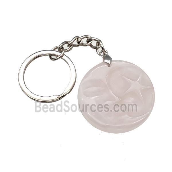 Pink Rose Quartz MoonStar Keychain Circle Alloy Platinum Plated