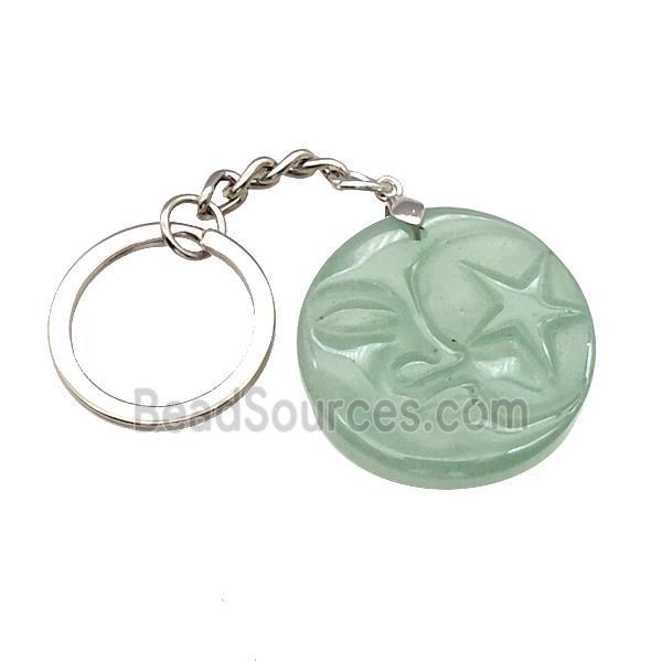 Green Aventurine MoonStar Keychain Circle Alloy Platinum Plated