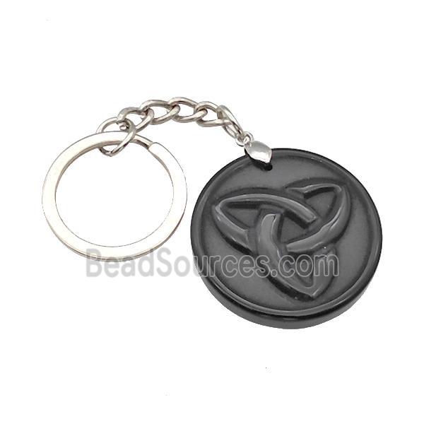 Black Obsidian Trinity Keychain Circle Alloy Platinum Plated